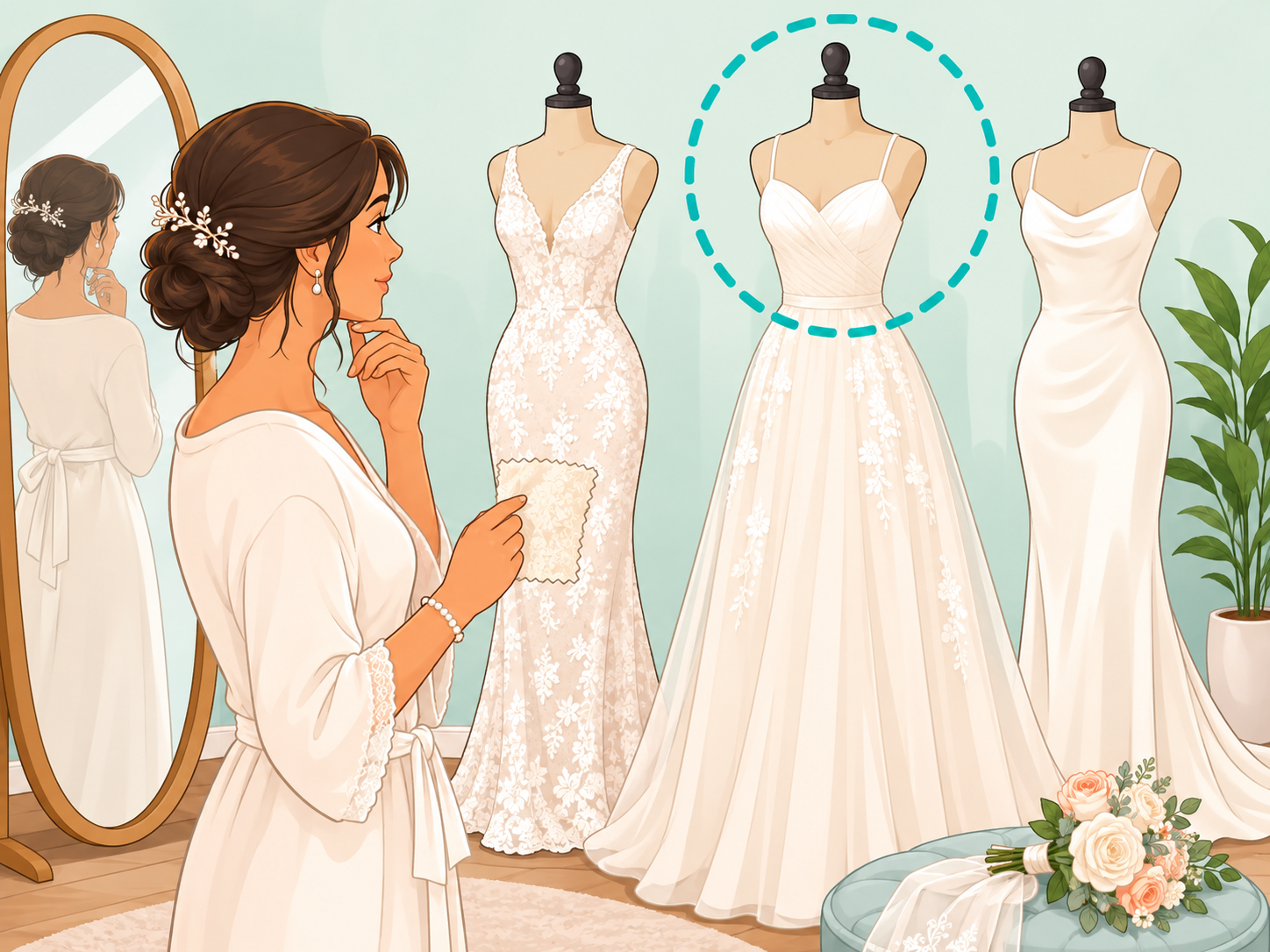 Bride comparing wedding dress silhouettes and choosing the style that suits her best.