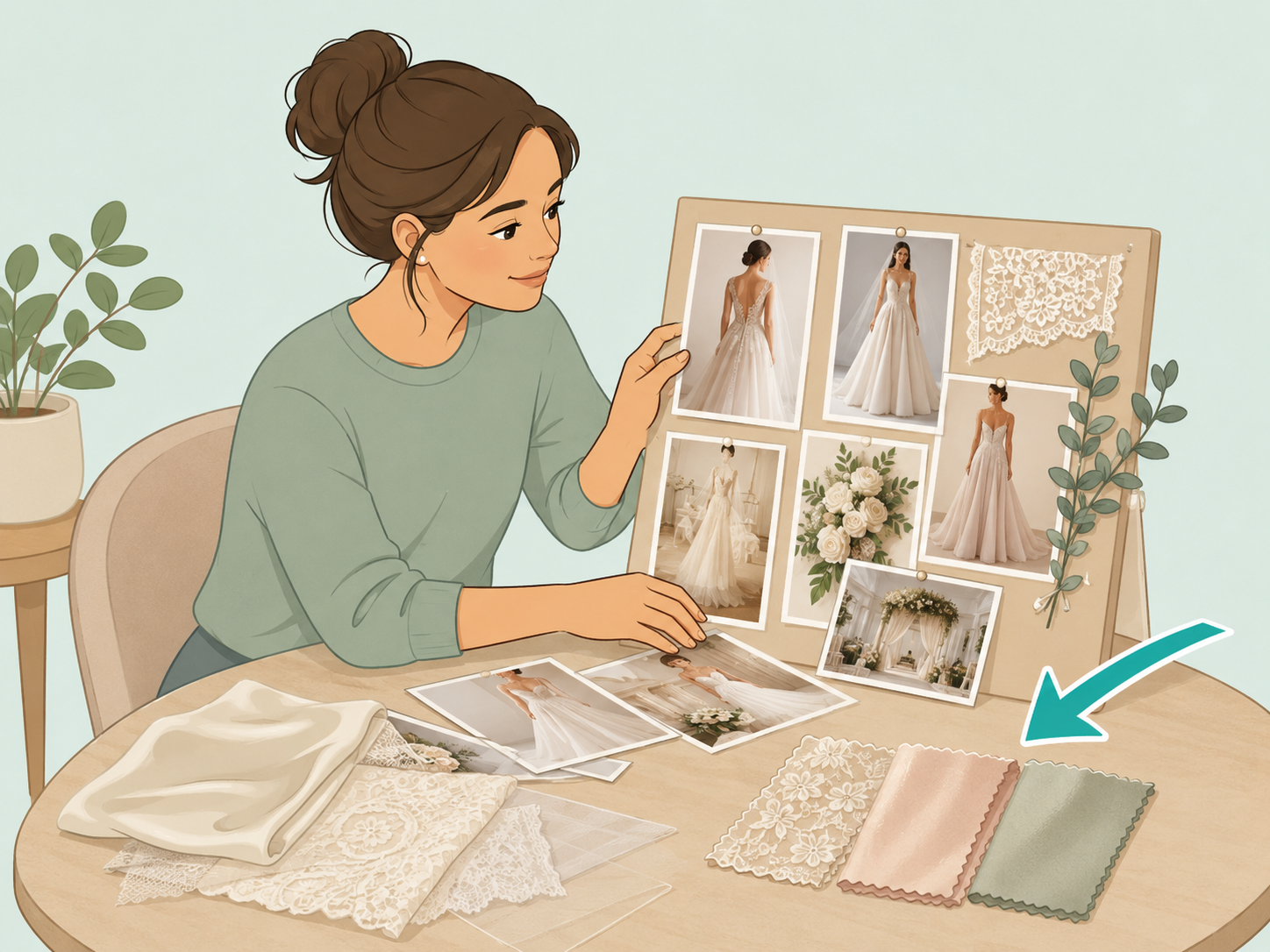 Person defining their wedding dress style with inspiration images and fabric swatches.
