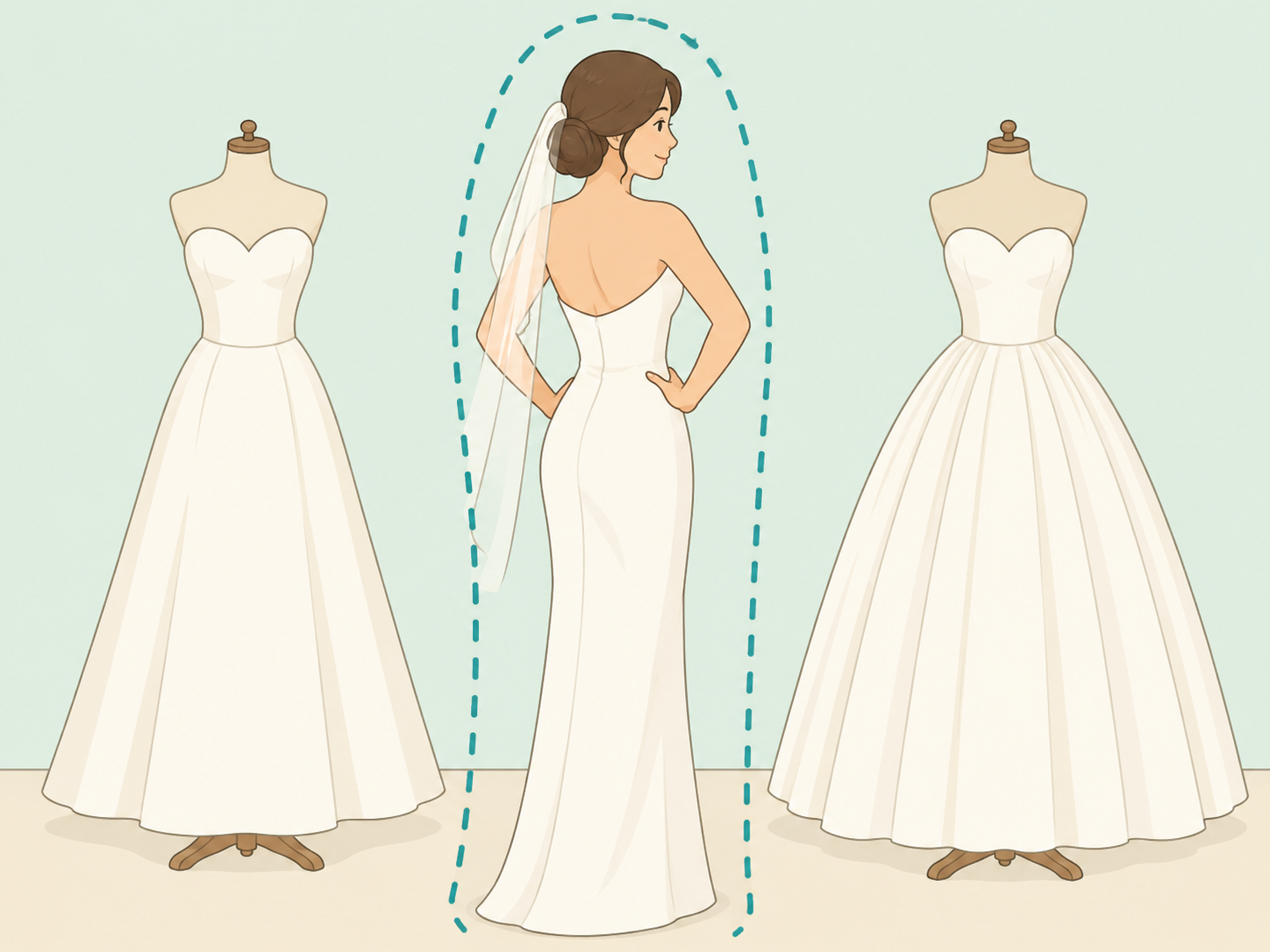 Bride comparing different wedding dress silhouettes before choosing.