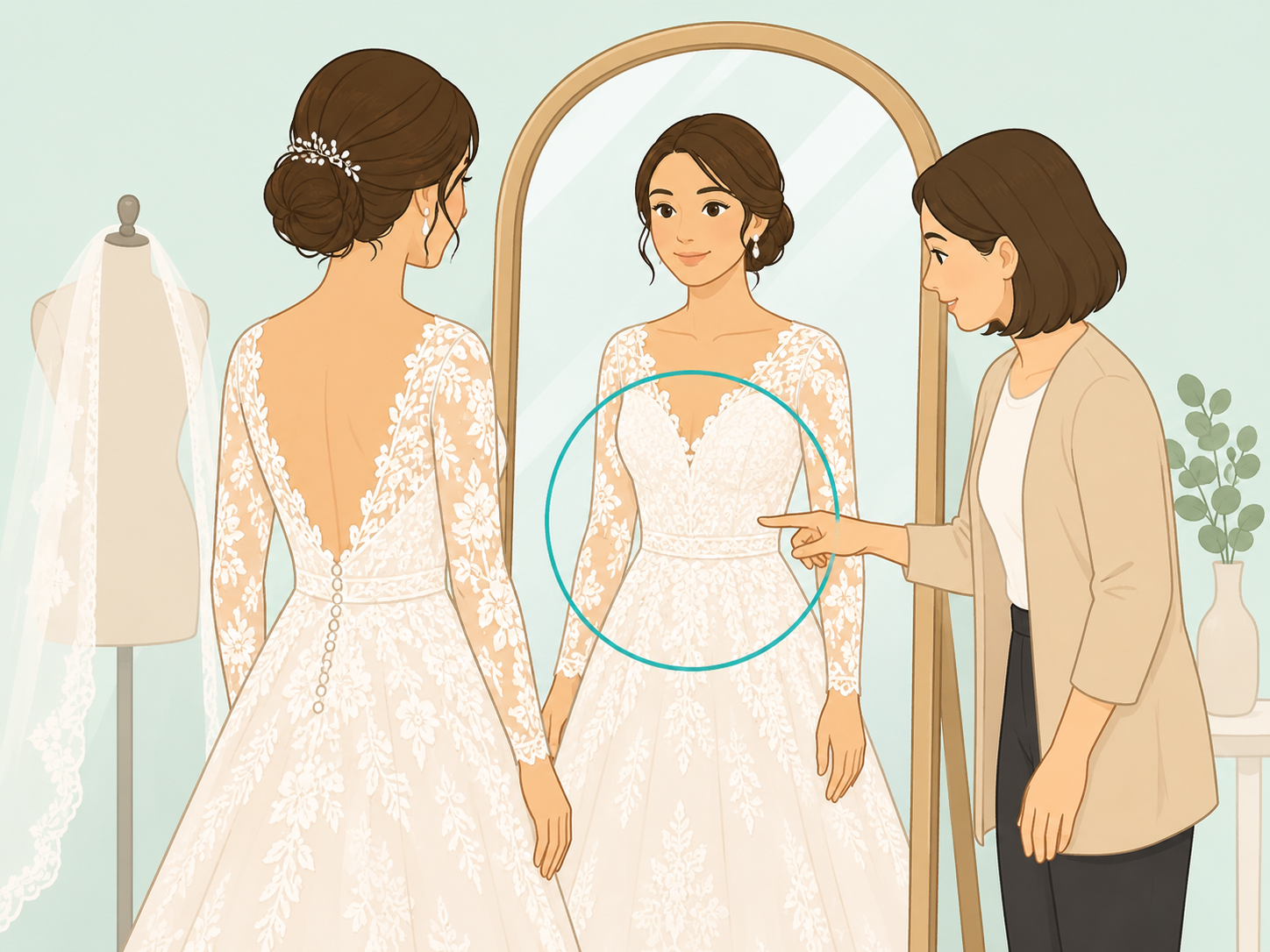 Bride checking whether the details on a wedding dress look balanced.