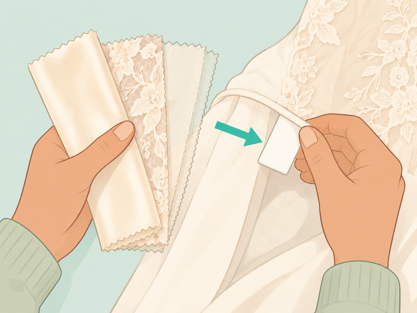 Hands checking wedding dress fabric, color, and care label.
