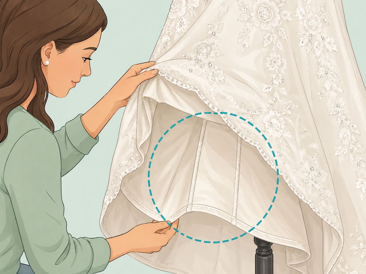 Person inspecting the seams and construction inside a wedding dress.