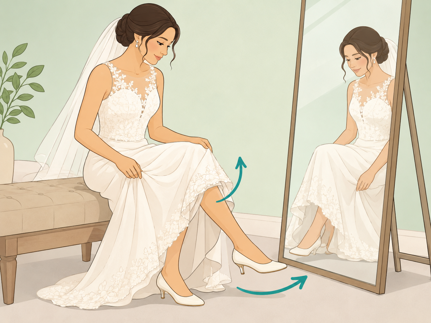 Bride testing walking and sitting comfort in a wedding dress.
