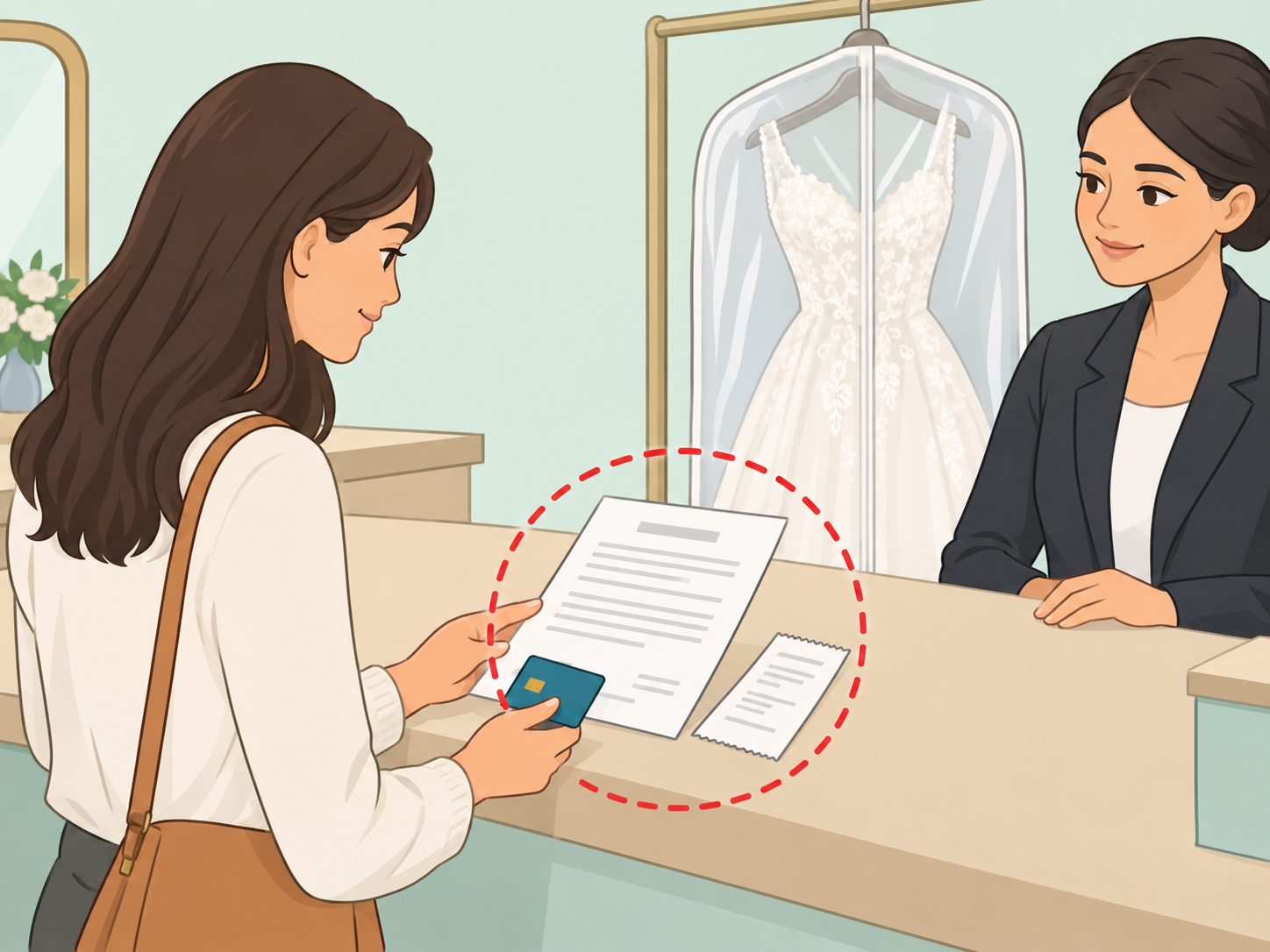 Shopper reviewing wedding dress policies and payment details before ordering.