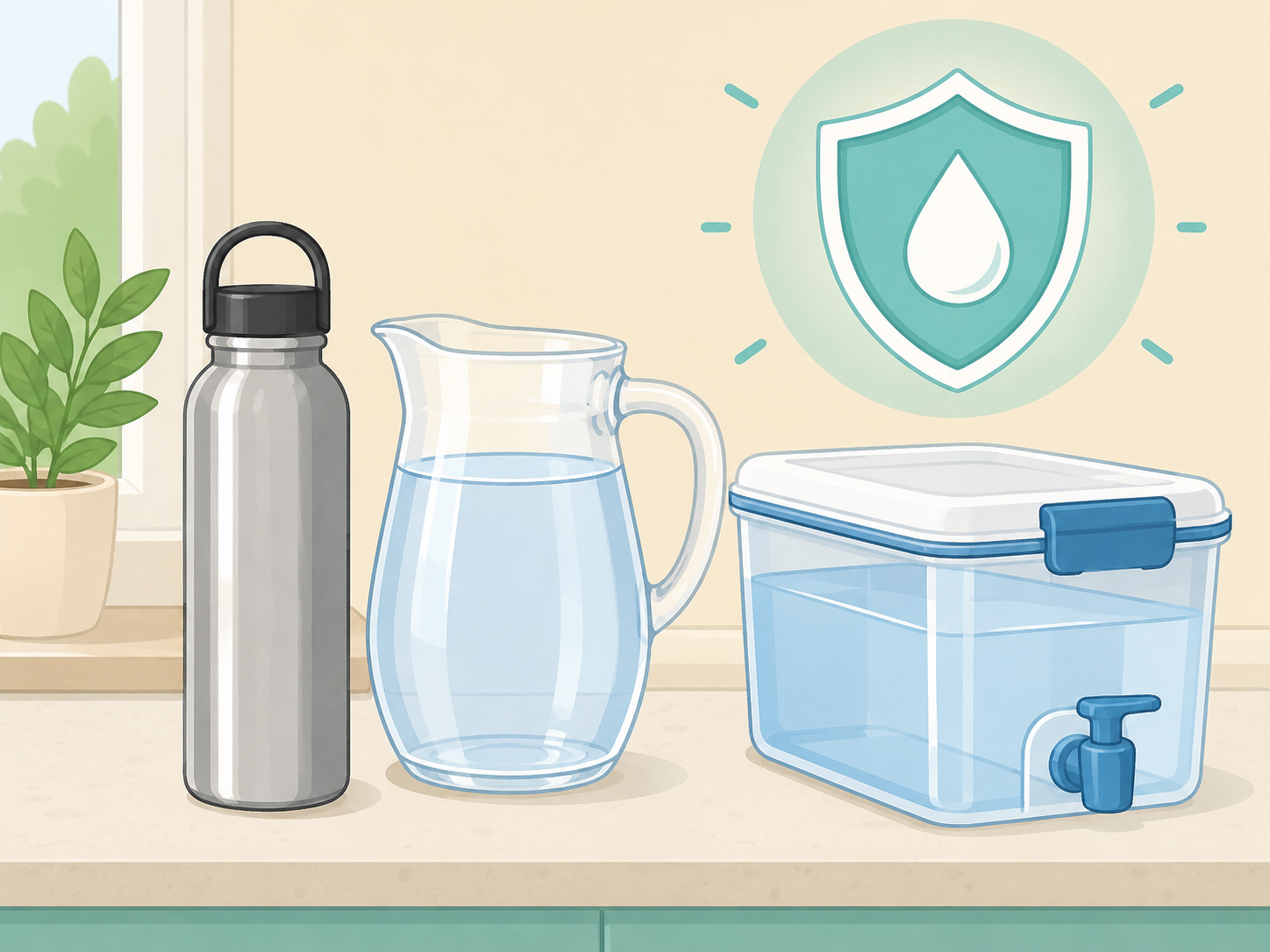 Illustration of safe household water containers arranged on a clean countertop.