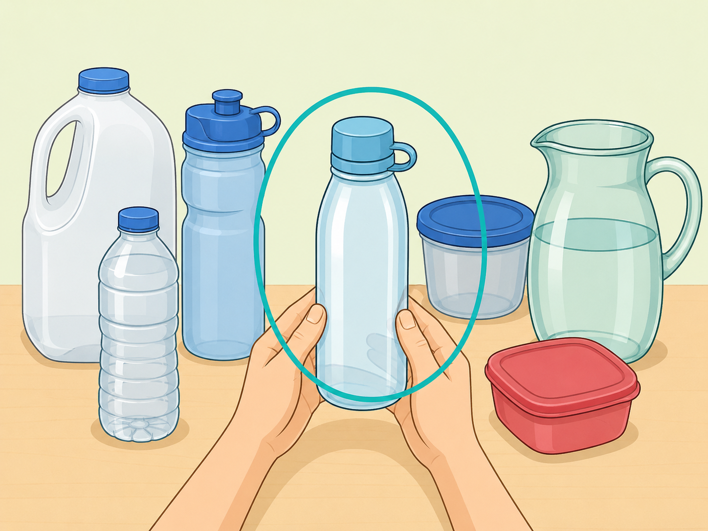 Hands choosing a clean water container with a tight lid.