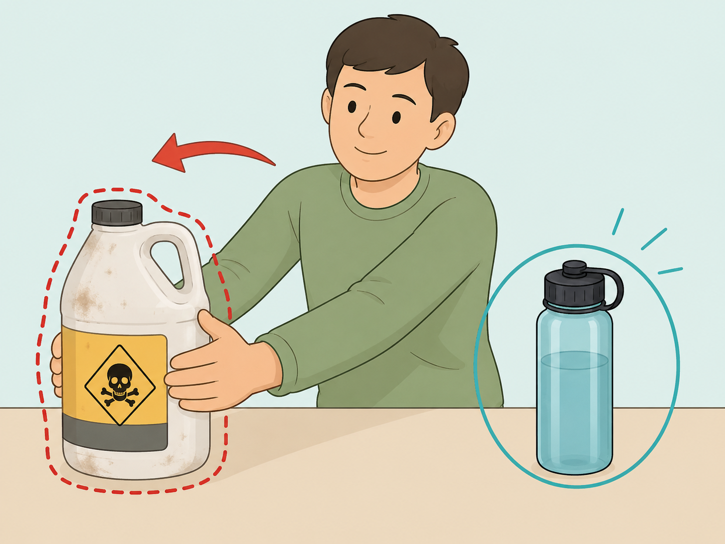 Person avoiding an old chemical jug for drinking water storage.