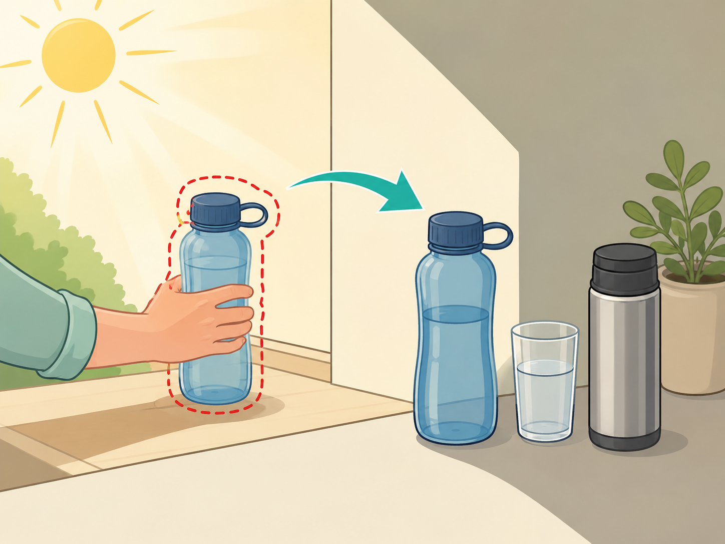 Plastic water bottle kept away from heat and sunlight.