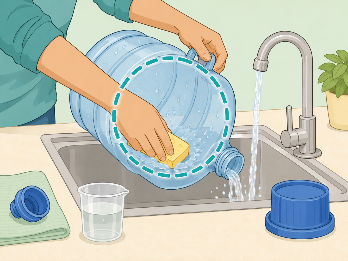 Hands cleaning and sanitizing a water storage container.