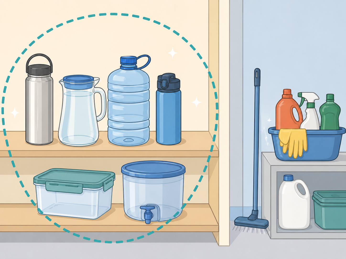 Closed water containers stored in a cool clean place.