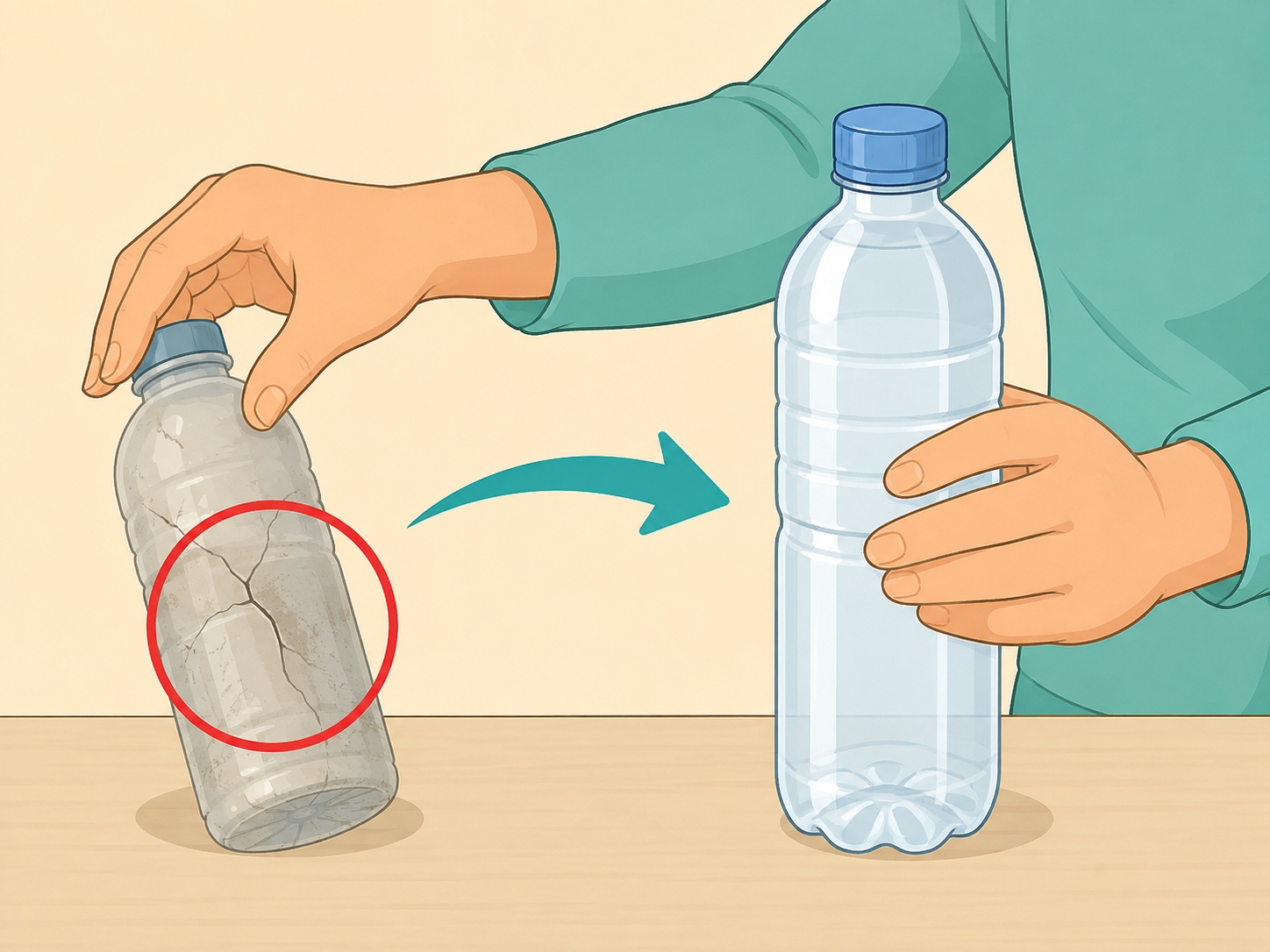Damaged water bottle being replaced with a clean container.
