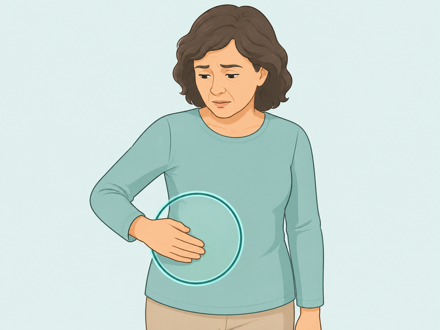Person noticing possible liver-related abdominal discomfort.
