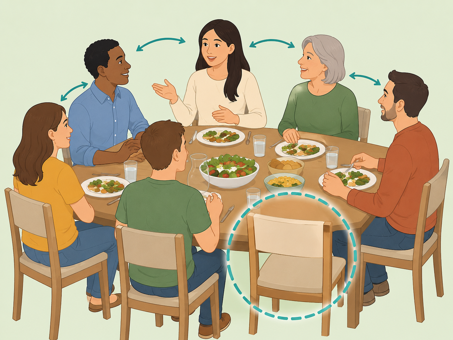 Illustration of people seated around a table with one seat highlighted for better connection.