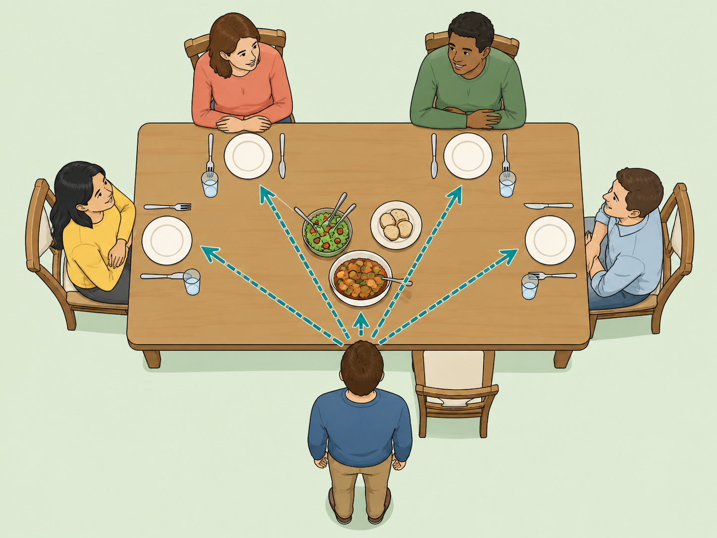 A person considering sightlines before choosing a table seat.