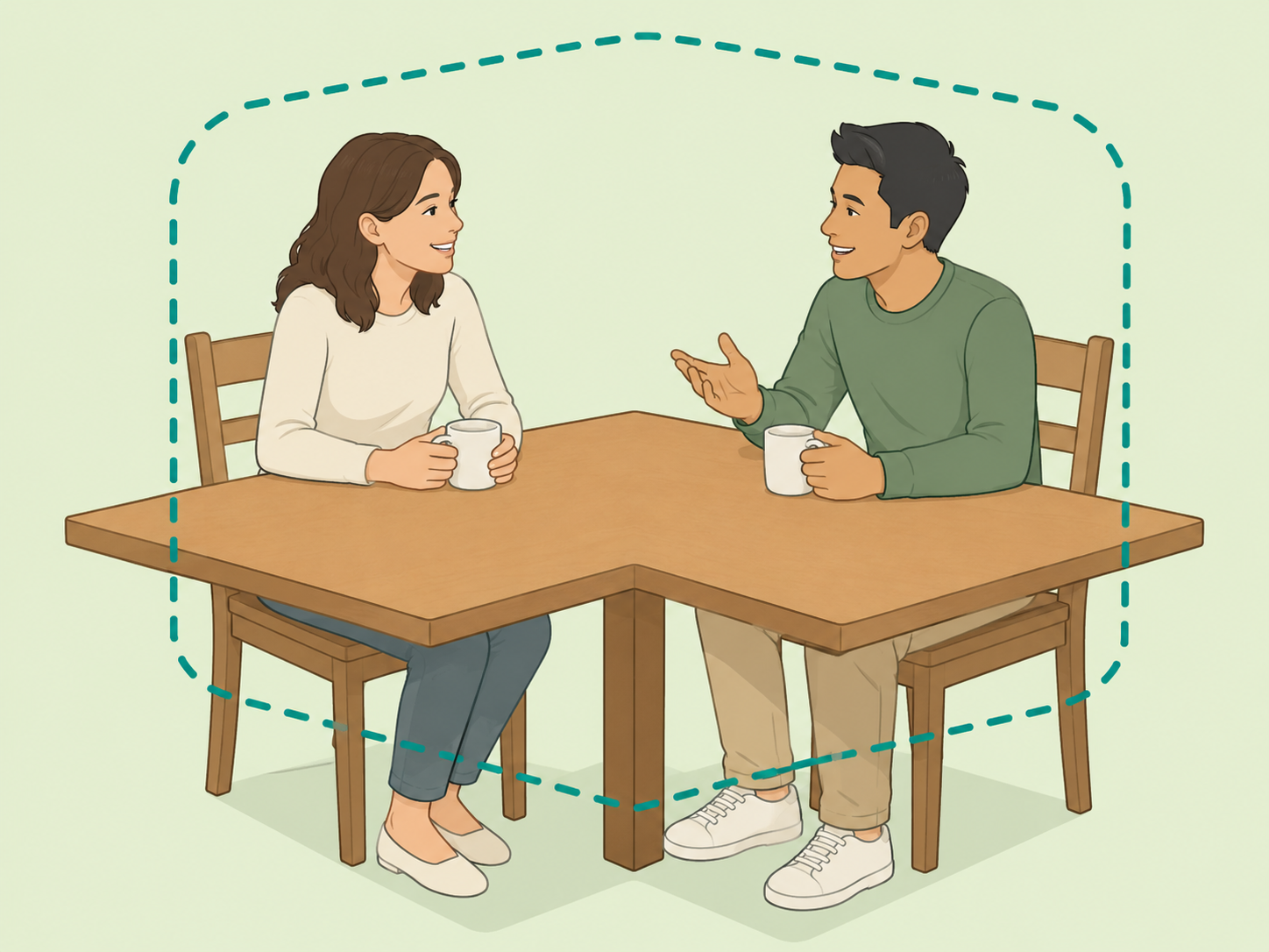 Two people talking from corner seats at a table.