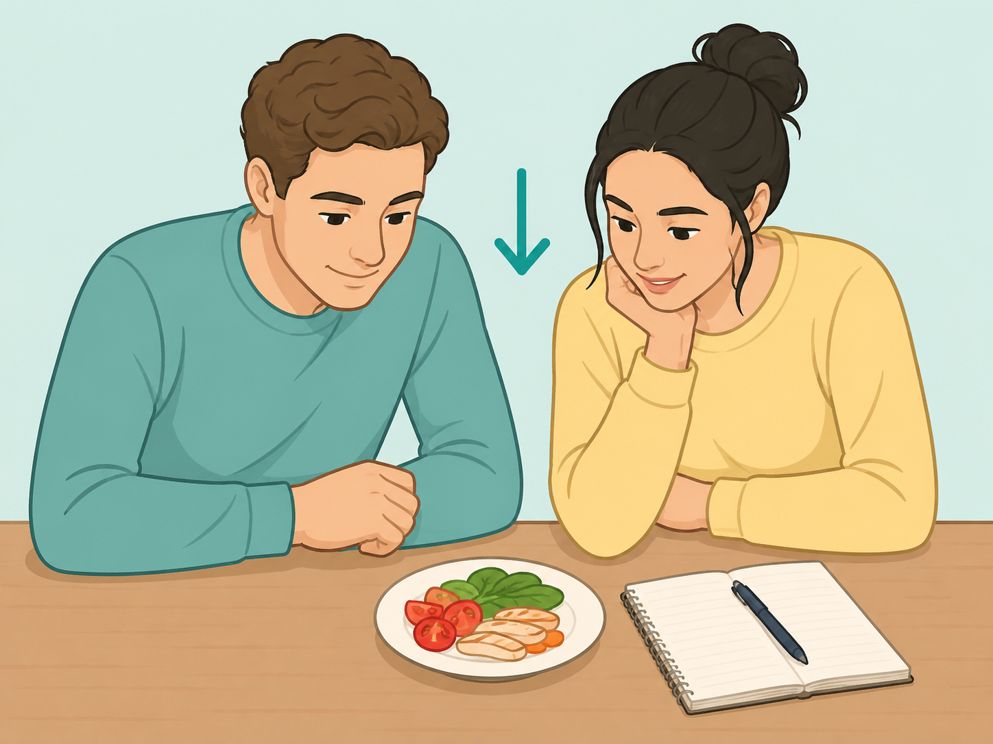Two people sitting side by side to share a task at the table.