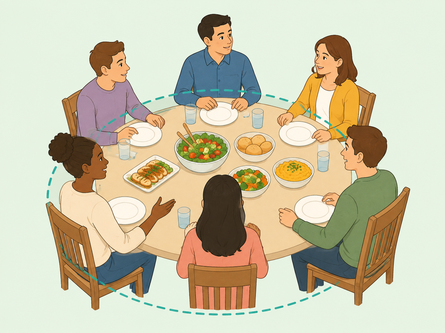 People sitting around a round table for a more even group conversation.