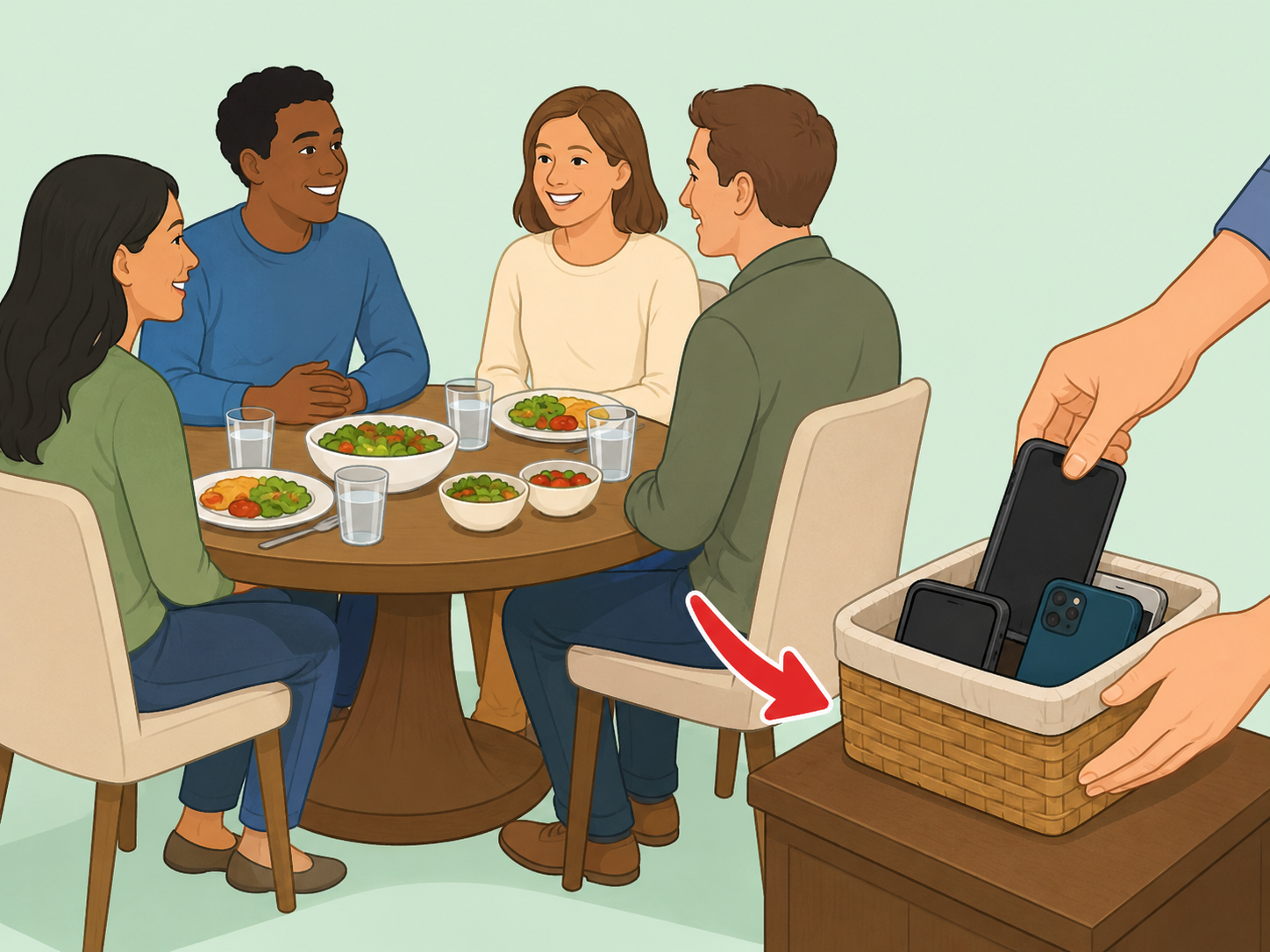 Phones placed away from the table to reduce distractions.