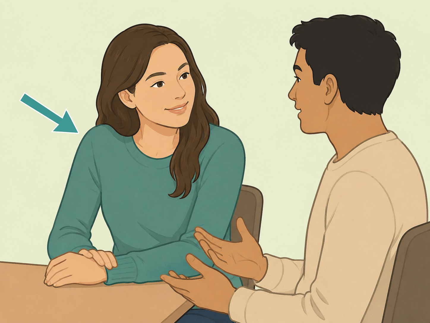 A person using open posture and active listening at the table.
