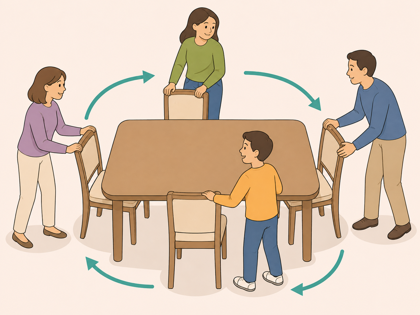 People rotating seats around a table to refresh conversation.