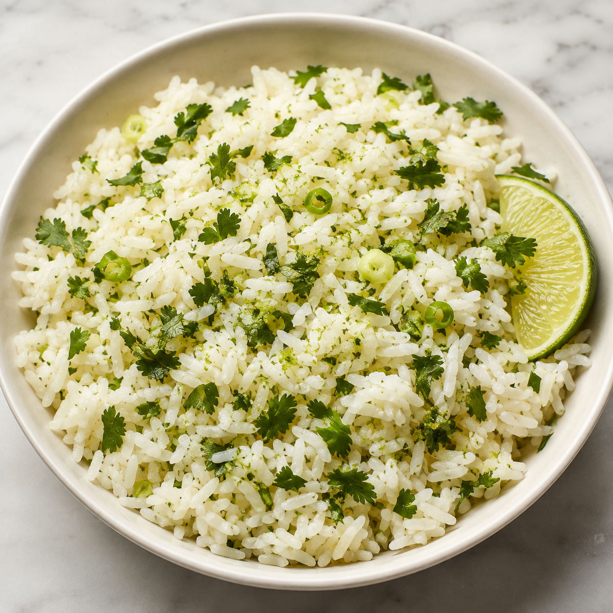 Cilantro lime rice with fresh cilantro and lime in a white bowl