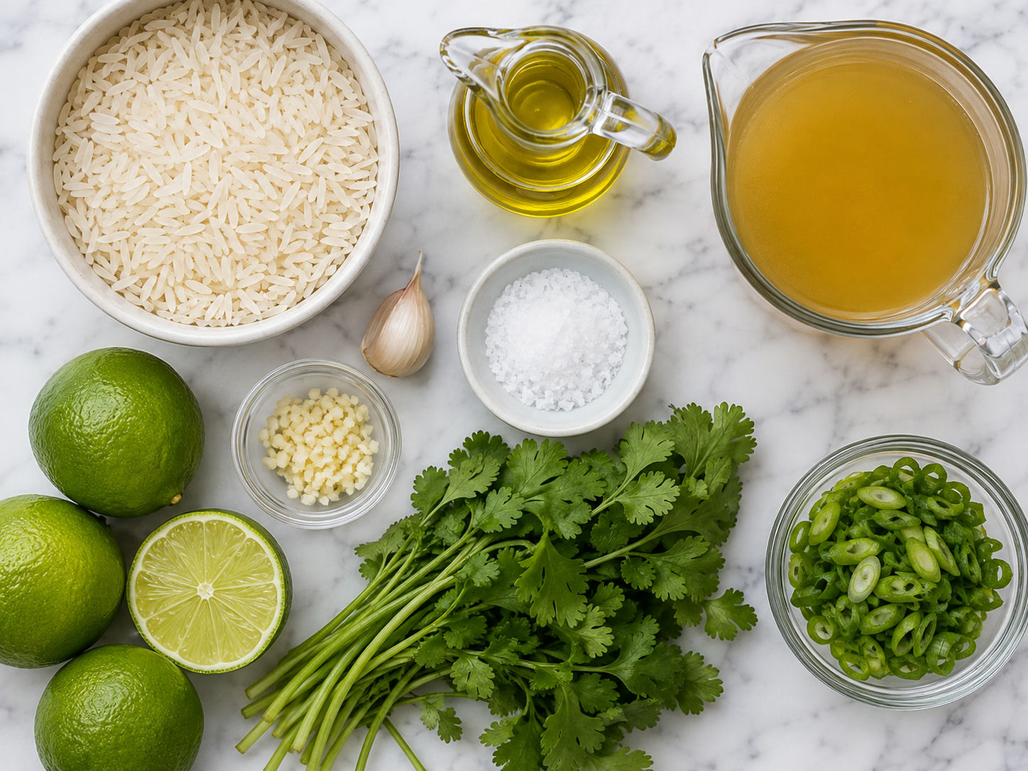 Ingredients for cilantro lime rice with rice, limes, cilantro, garlic, and broth