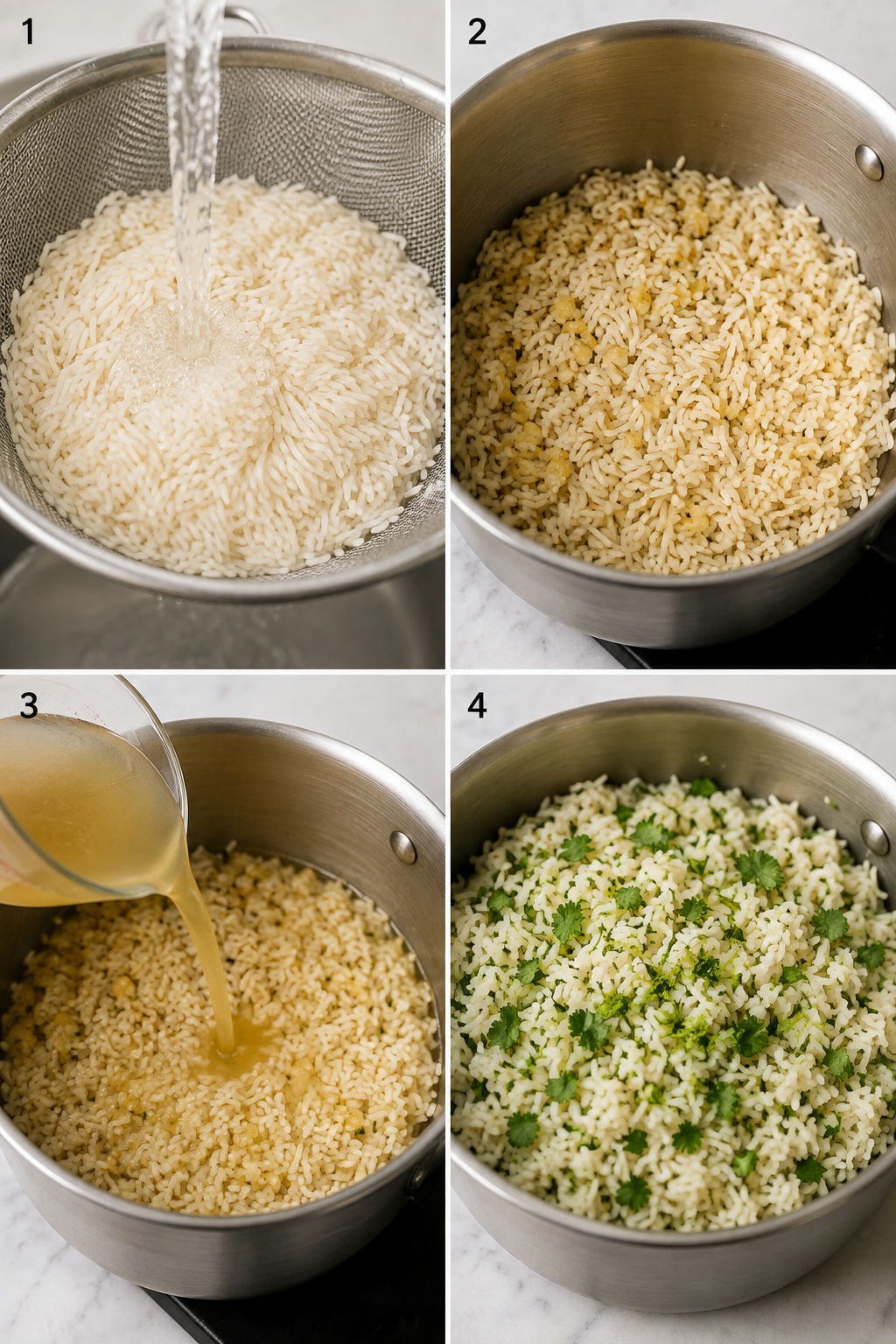 Four steps for making cilantro lime rice from rinsing to fluffing