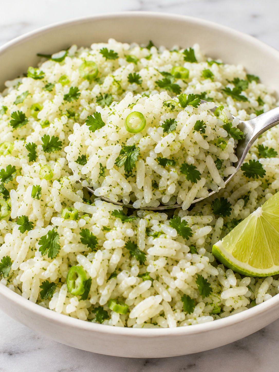 Fluffy cilantro lime rice with lime zest, scallions, and fresh cilantro
