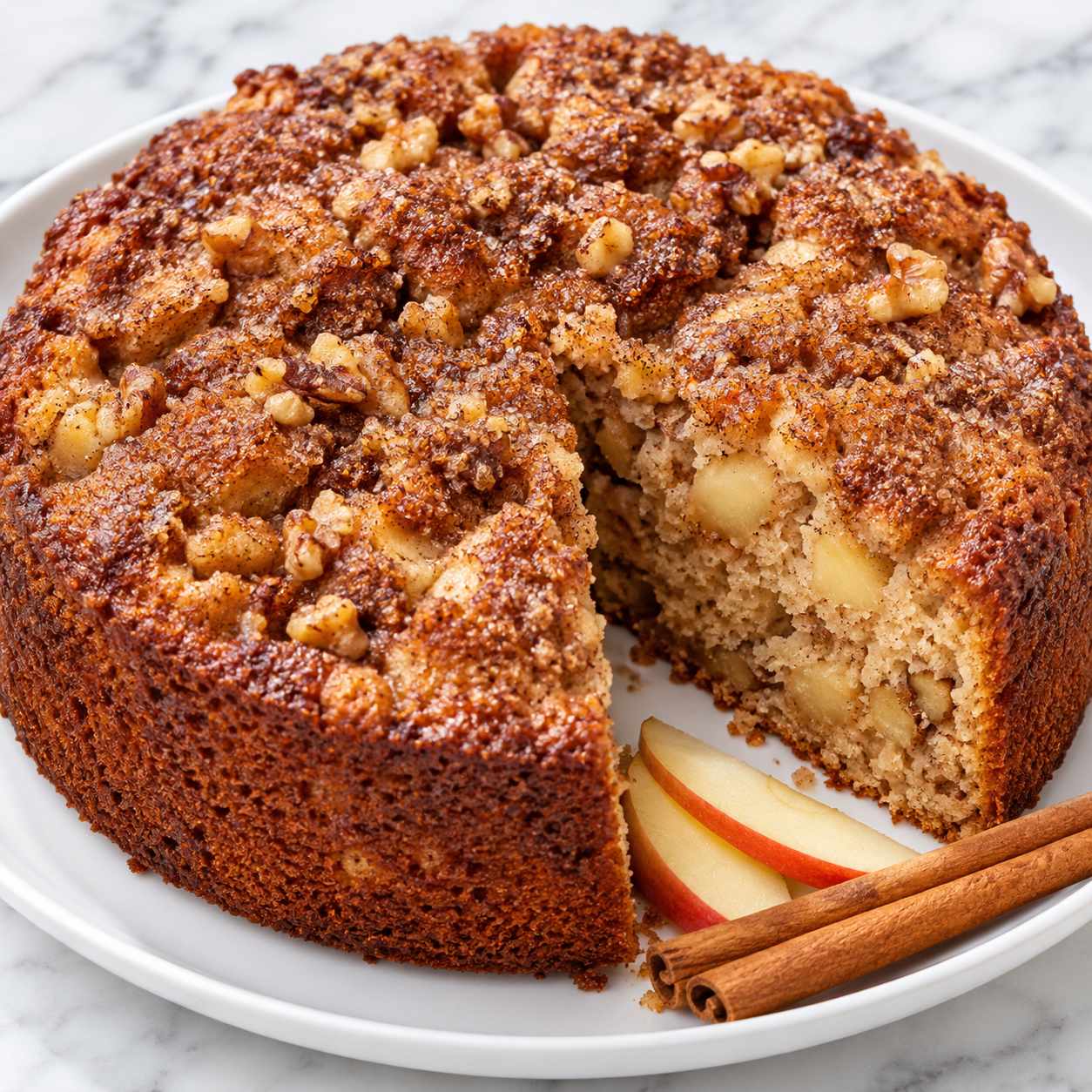 Cinnamon apple cake with walnuts and a cinnamon sugar top