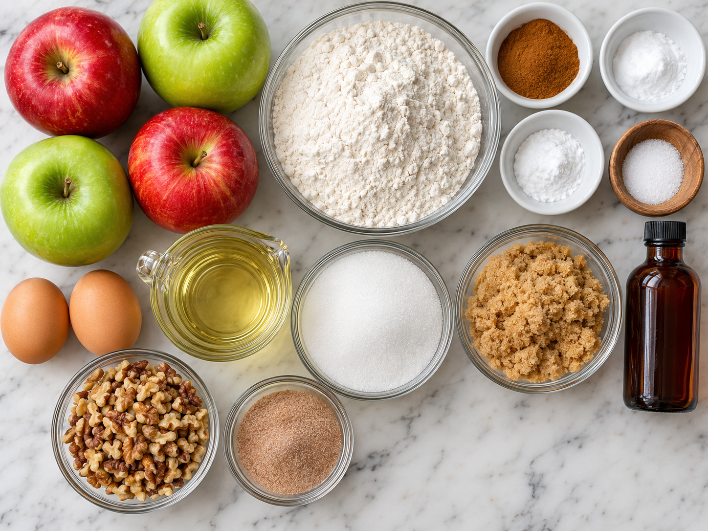 Ingredients for cinnamon apple cake with apples, walnuts, flour, eggs, oil, and cinnamon