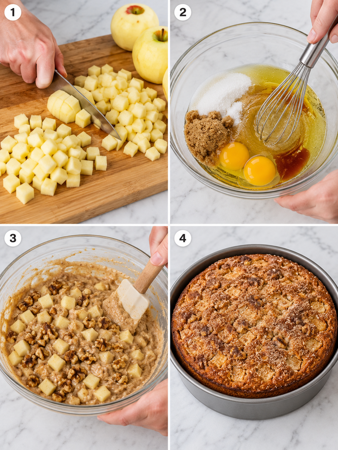 Four steps for making cinnamon apple cake from chopping apples to cooling the cake