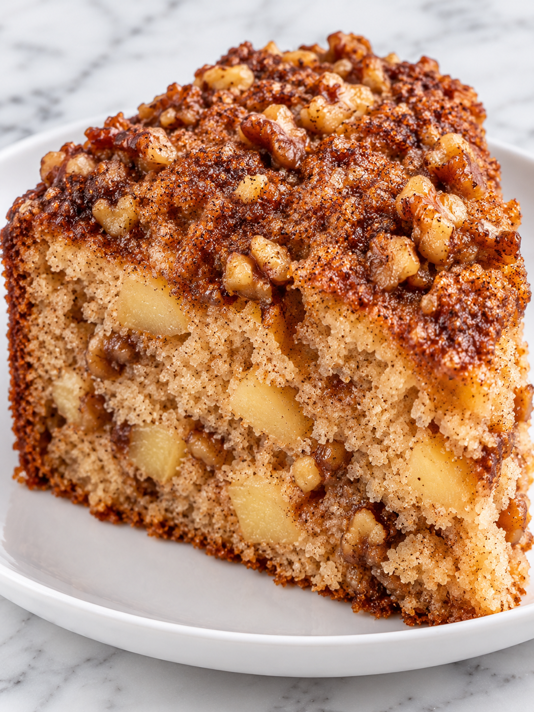 Moist cinnamon apple cake slice with walnuts and cinnamon sugar