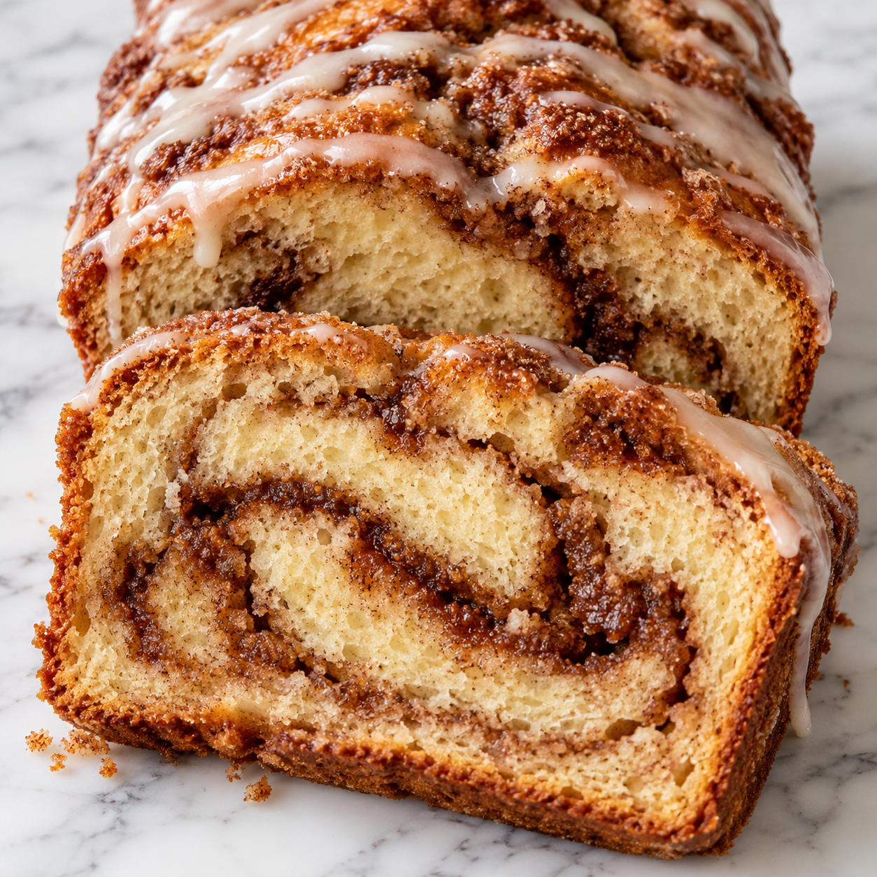 Sliced Cinnamon Bread with vanilla glaze and a cinnamon sugar swirl