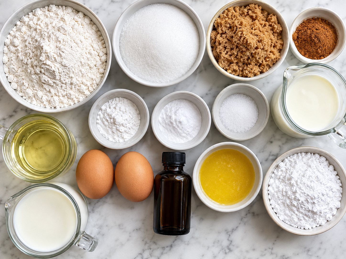 Ingredients for Cinnamon Bread with flour, cinnamon, buttermilk, eggs, and sugar
