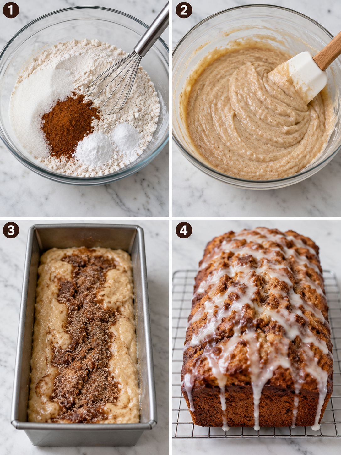 Four steps for making Cinnamon Bread from batter to glazed loaf