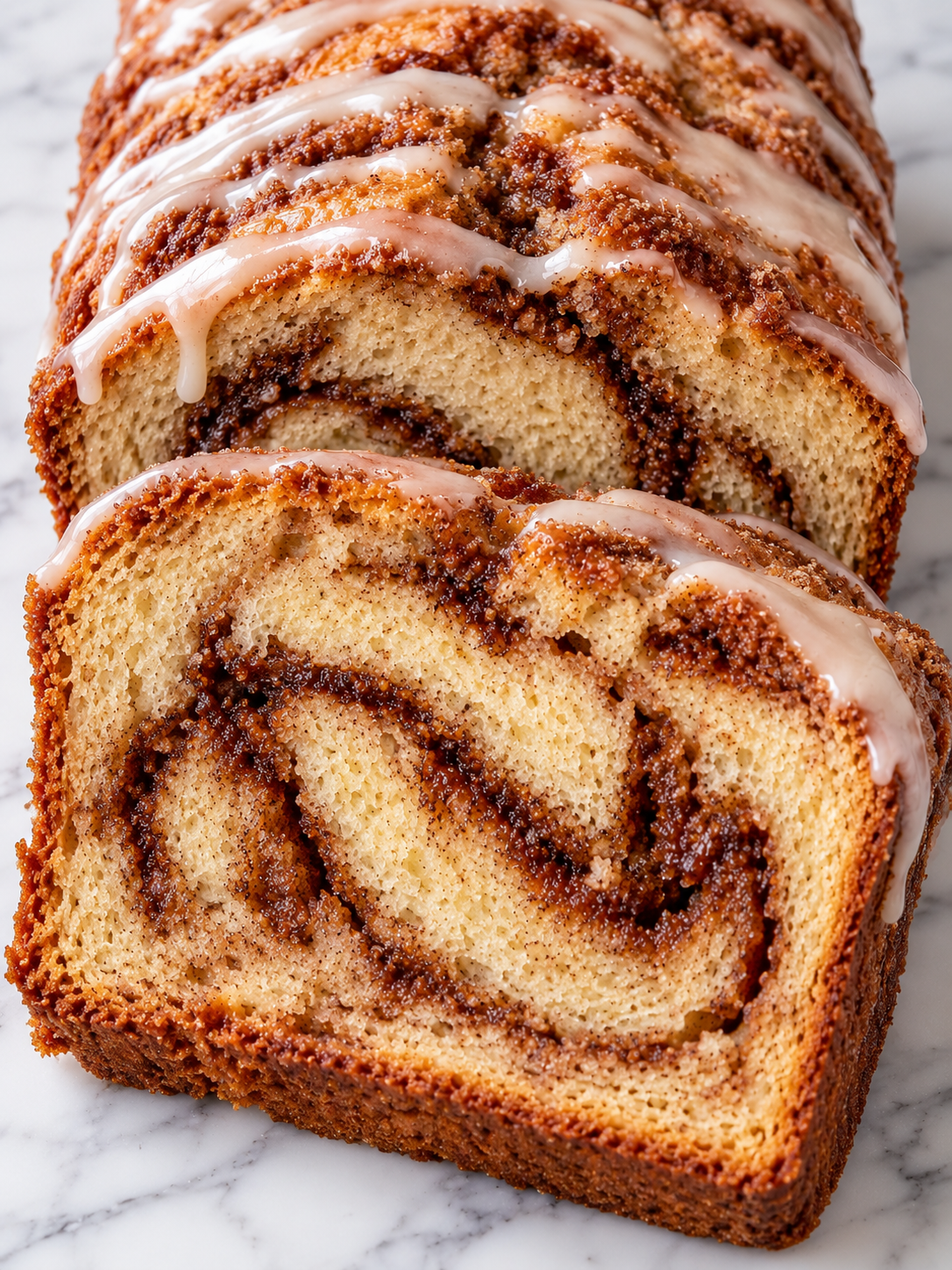 Stacked slices of glazed Cinnamon Bread with visible cinnamon swirl