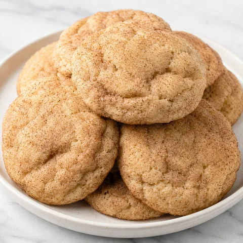 Cinnamon cream cheese cookies stacked on a cream plate