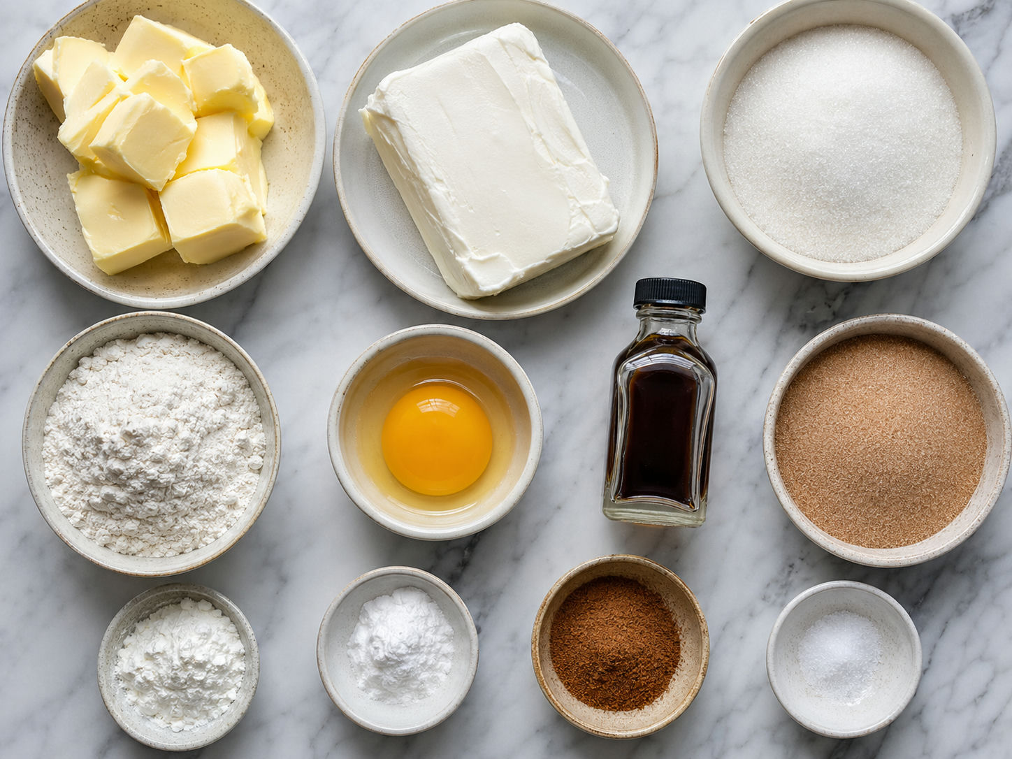 Ingredients for cinnamon cream cheese cookies on a wood counter