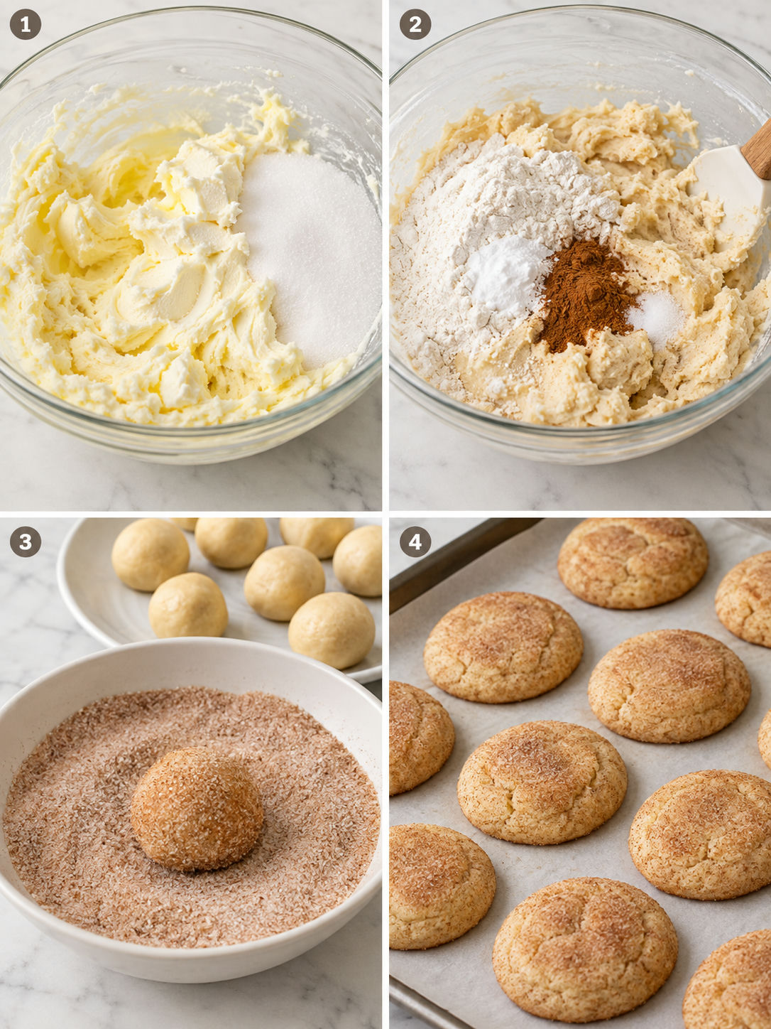 Steps for mixing, rolling, baking, and cooling cinnamon cream cheese cookies