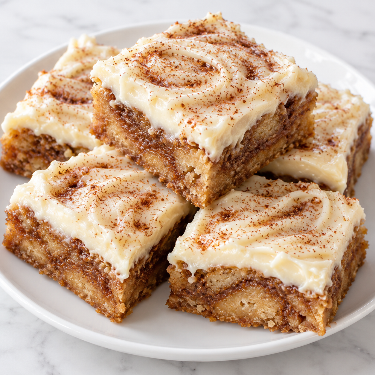 Cinnamon Roll Bliss Bars with cream cheese frosting and cinnamon dusting