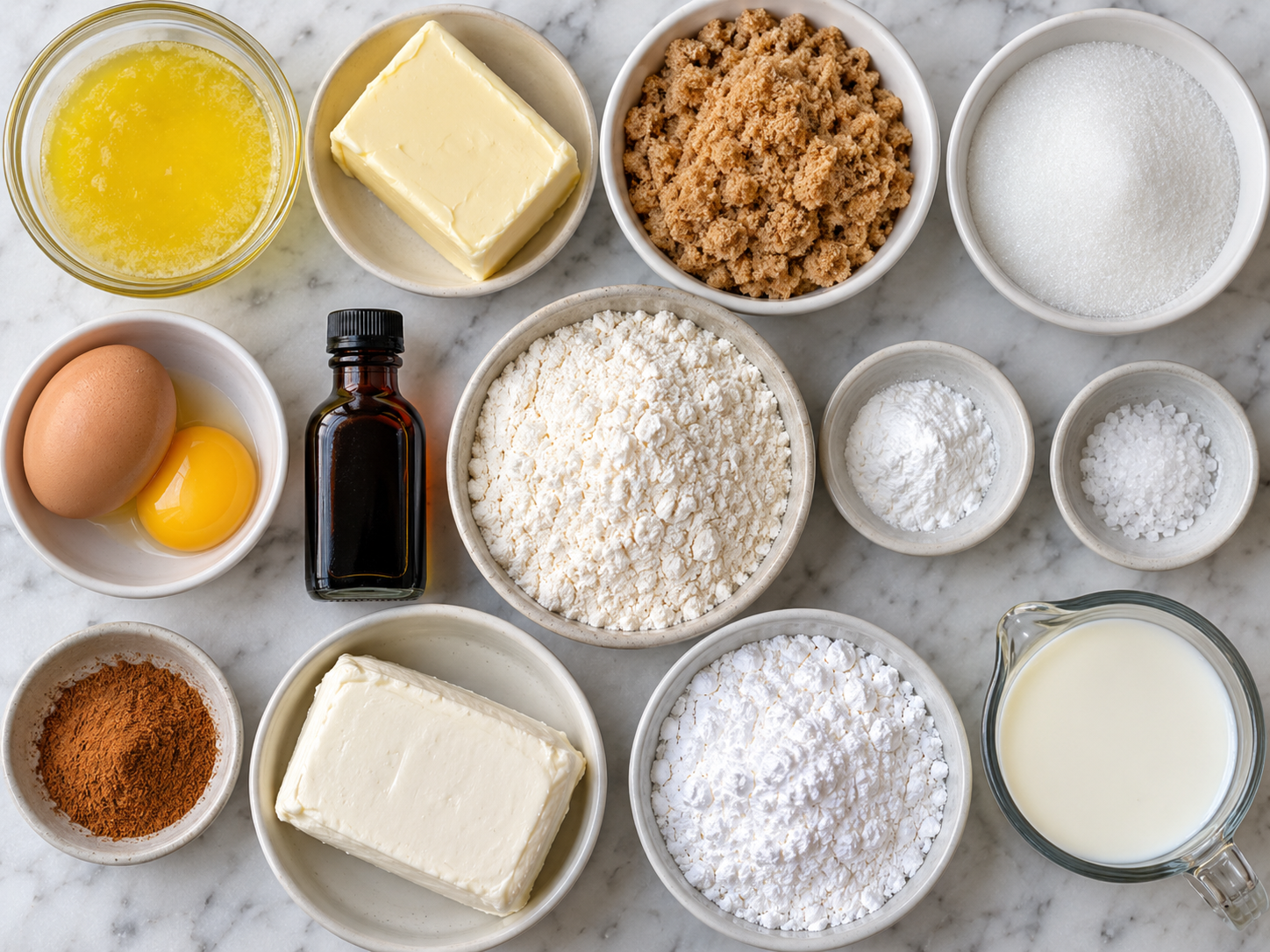 Ingredients for cinnamon roll bars with cream cheese, butter, sugar, flour, and cinnamon