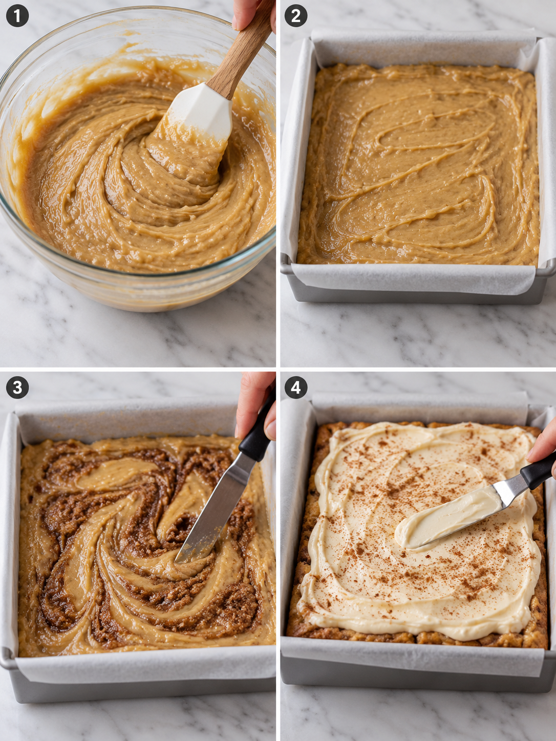 Four steps for making cinnamon roll bars from batter to frosting