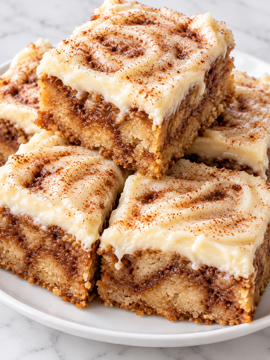 Stacked Cinnamon Roll Bliss Bars with cream cheese frosting and cinnamon swirls