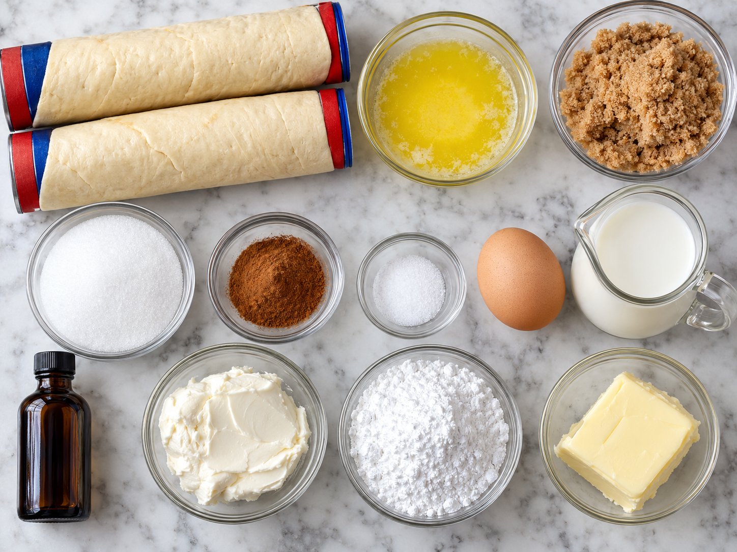 Ingredients for Cinnamon Roll Bliss Bars with dough, cinnamon, sugar, and frosting