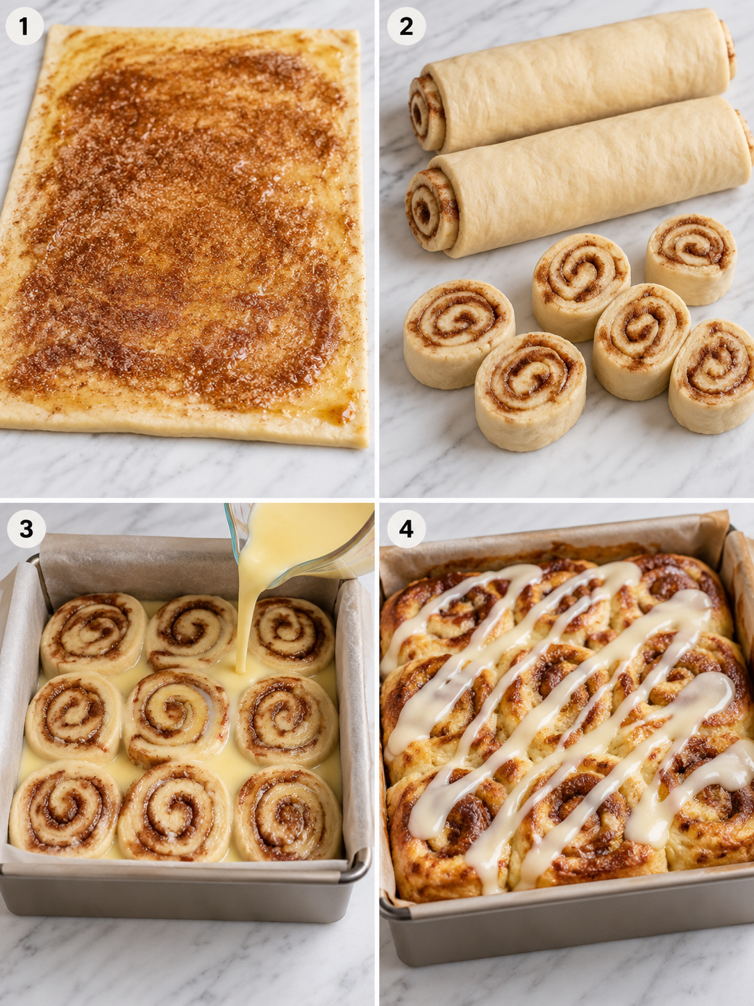 Four steps for making Cinnamon Roll Bliss Bars from filling to frosting