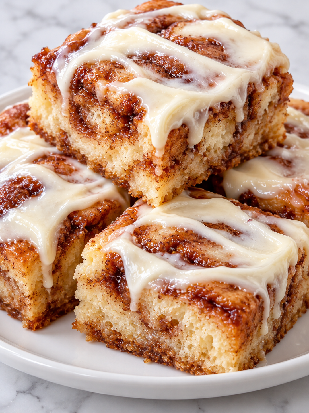 Frosted Cinnamon Roll Bliss Bars stacked on a white plate