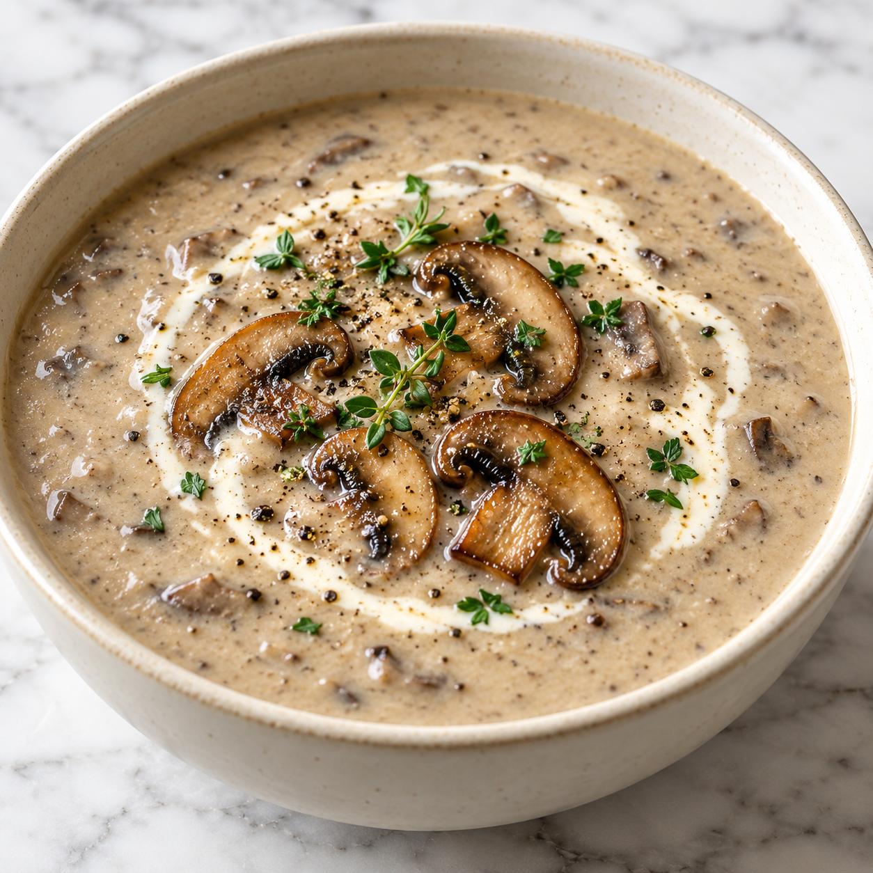 Cream of mushroom soup with cream swirl, thyme, and browned mushrooms