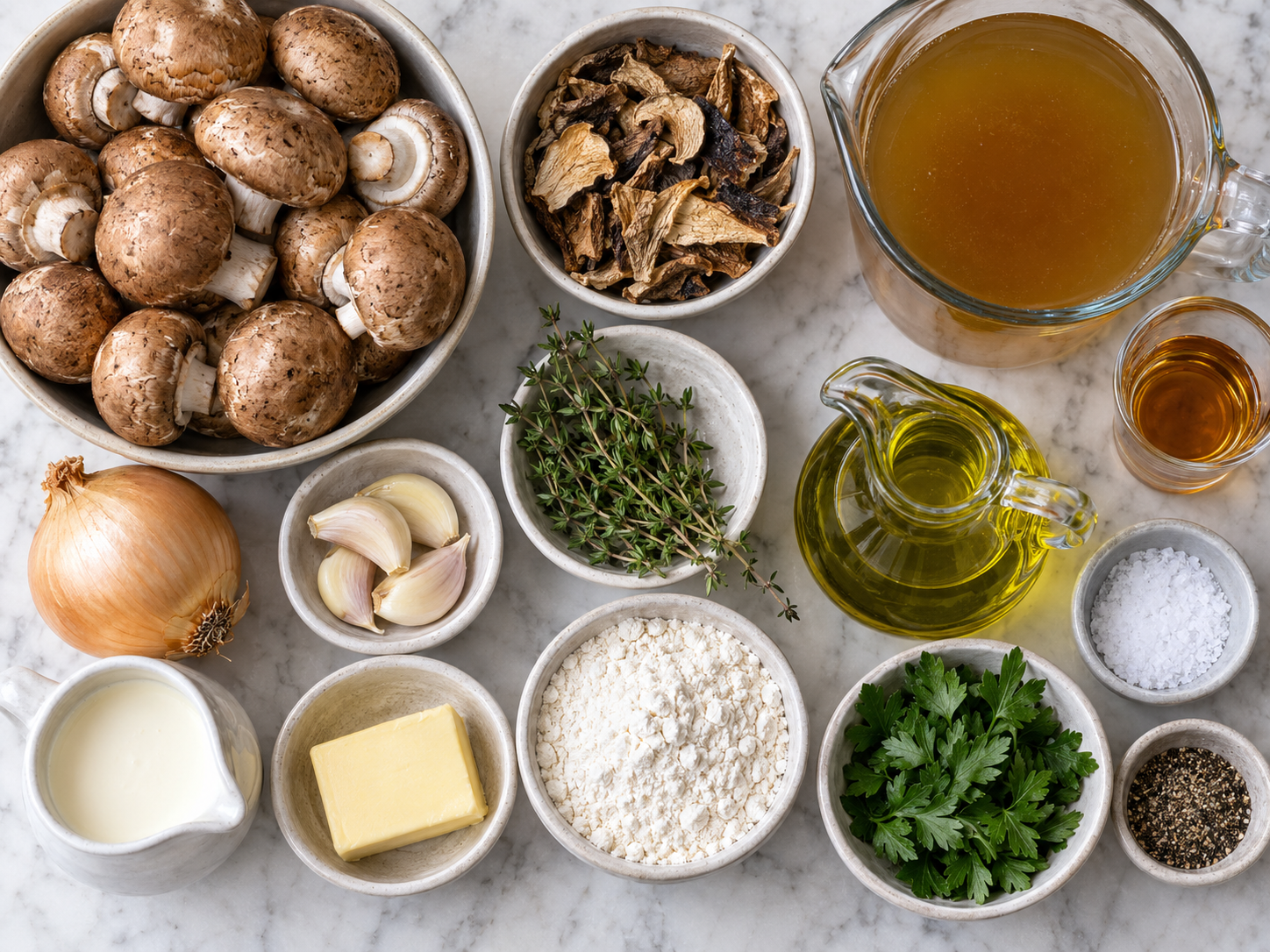 Ingredients for cream of mushroom soup with mushrooms, thyme, cream, and broth
