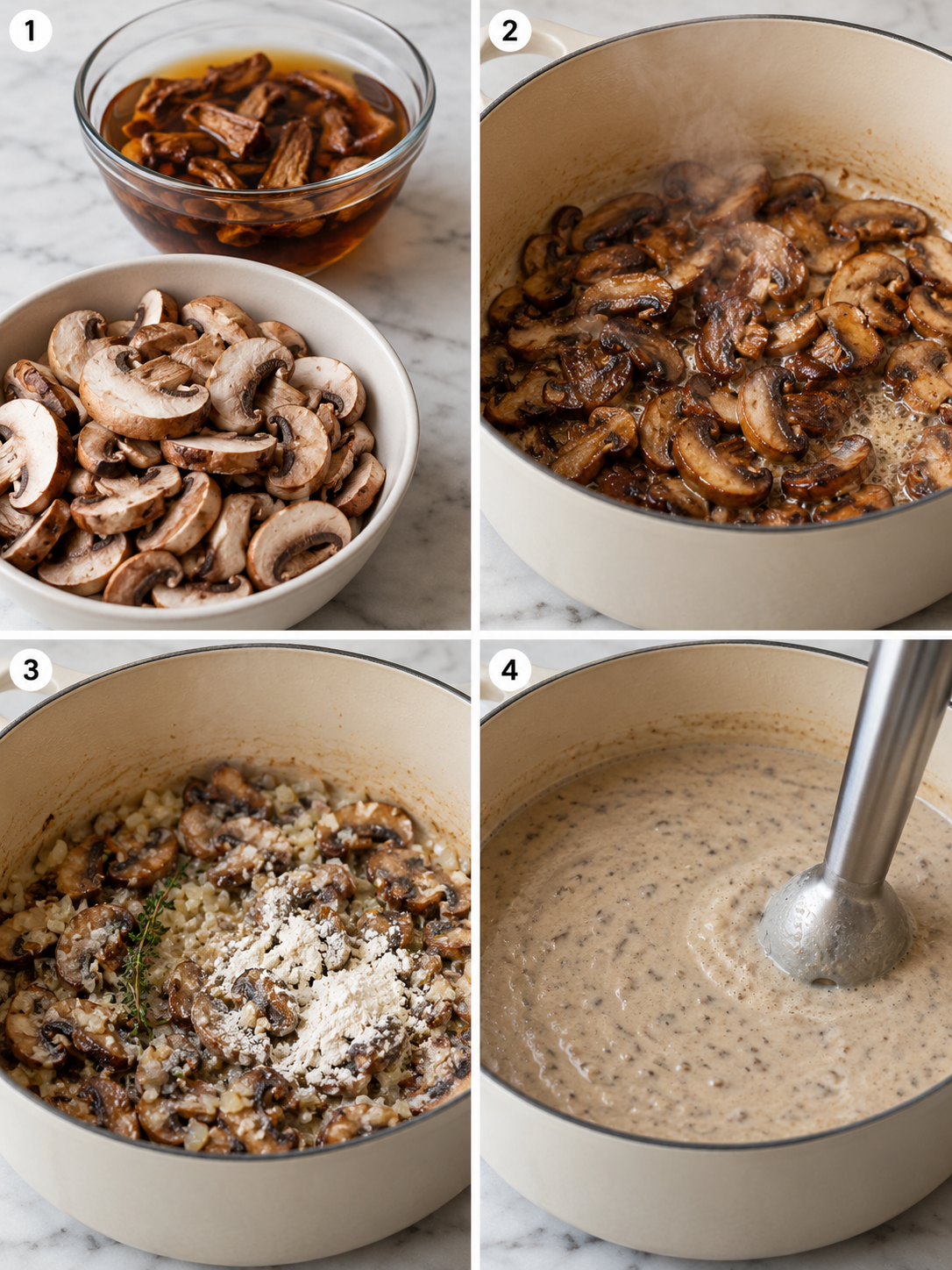 Four cooking steps for cream of mushroom soup from soaking to blending