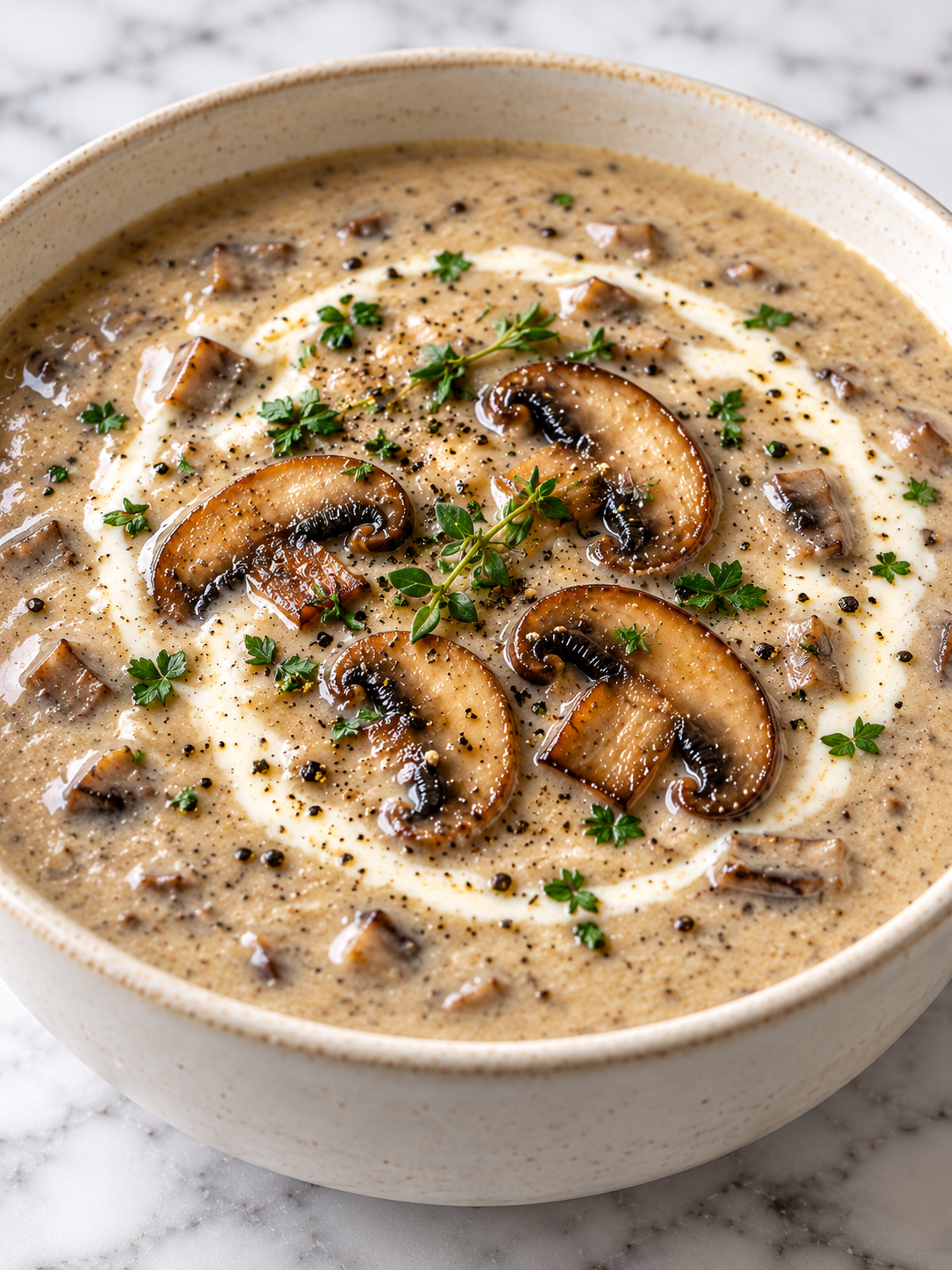 Cream of mushroom soup topped with browned mushrooms, thyme, and cream